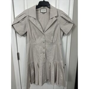 Alexis Beige White Seersucker Short Sleeve Mini Dress Button Front Preppy XL